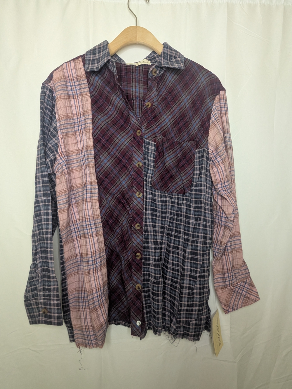 🔴5/$25 NWT Rewind Patchwork Plaid Button-Down Shirt in Pink & Blue